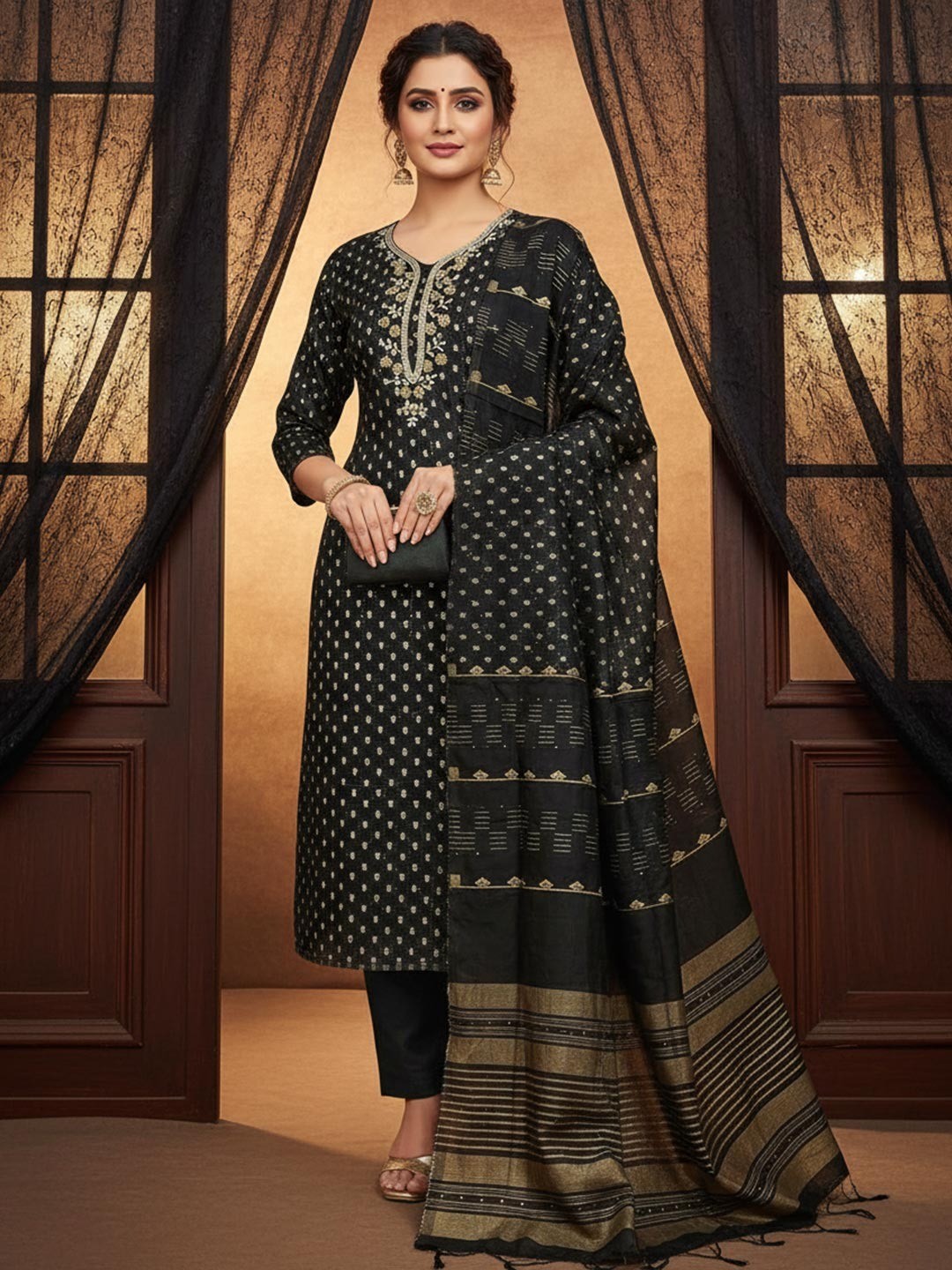 Elegant Black Sequins Embroidered Chanderi Jacquard Dress Material With Beads & Moti Handwork - Image 1
