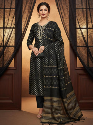 Elegant Black Sequins Embroidered Chanderi Jacquard Dress Material With Beads & Moti Handwork - Image 1