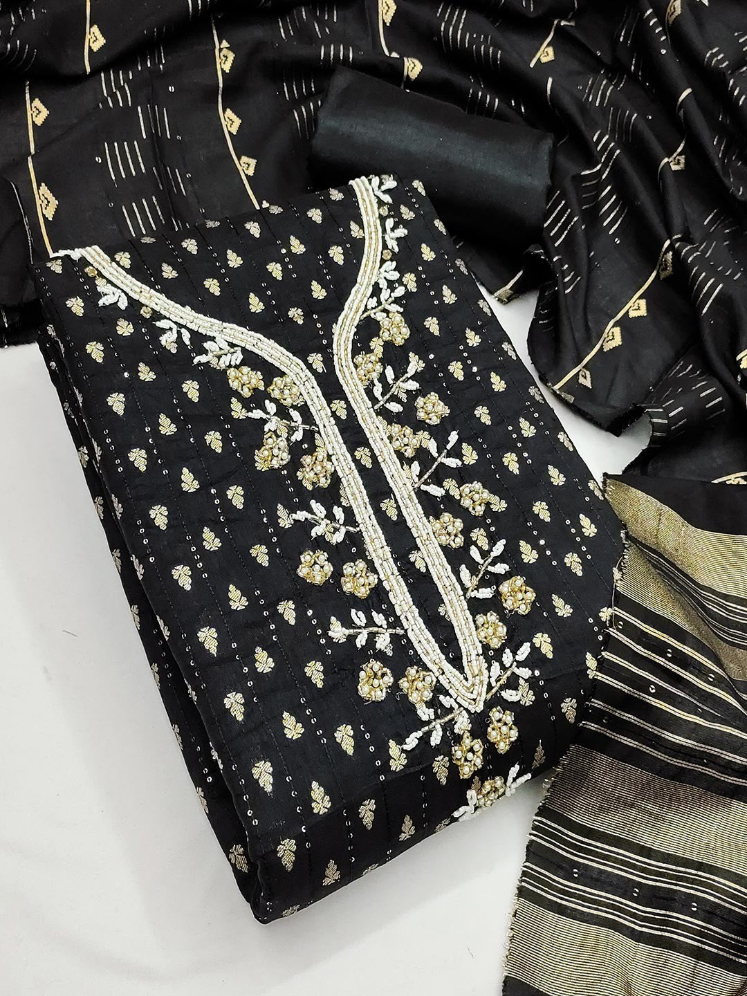 Elegant Black Sequins Embroidered Chanderi Jacquard Dress Material With Beads & Moti Handwork - Image 6