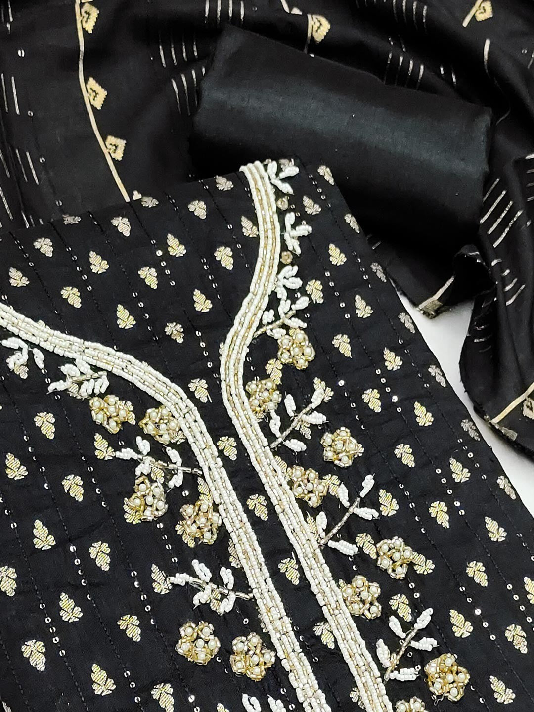 Elegant Black Sequins Embroidered Chanderi Jacquard Dress Material With Beads & Moti Handwork - Image 3