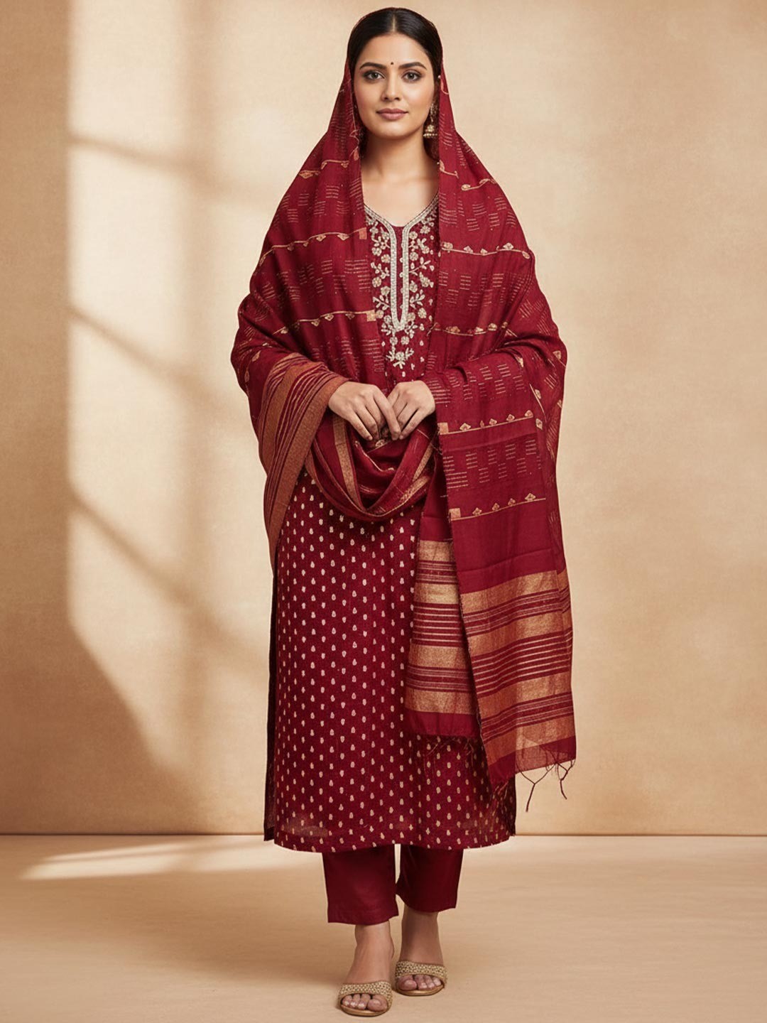 Elegant Maroon Sequins Embroidered Chanderi Jacquard Dress Material With Beads & Moti Handwork - Image 1