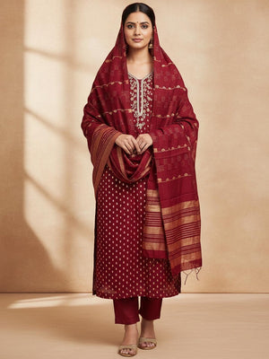 Elegant Maroon Sequins Embroidered Chanderi Jacquard Dress Material With Beads & Moti Handwork - Image 1