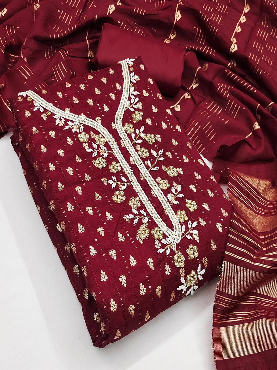 Elegant Maroon Sequins Embroidered Chanderi Jacquard Dress Material With Beads & Moti Handwork - Image 2