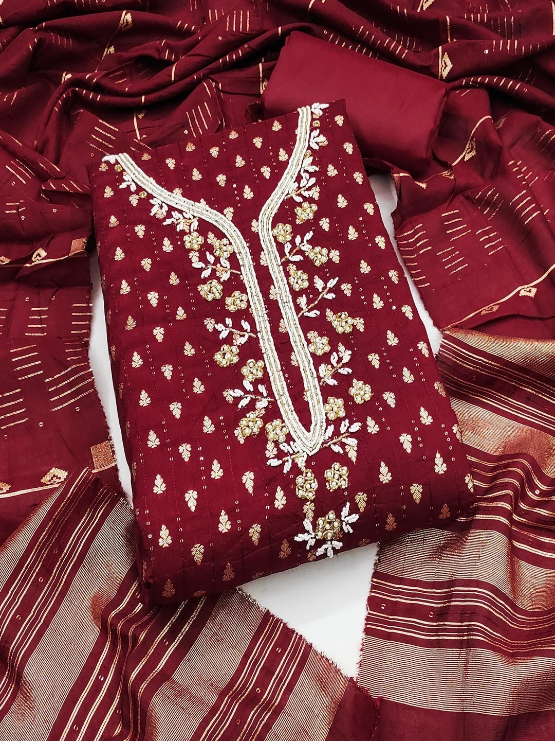 Elegant Maroon Sequins Embroidered Chanderi Jacquard Dress Material With Beads & Moti Handwork - Image 6