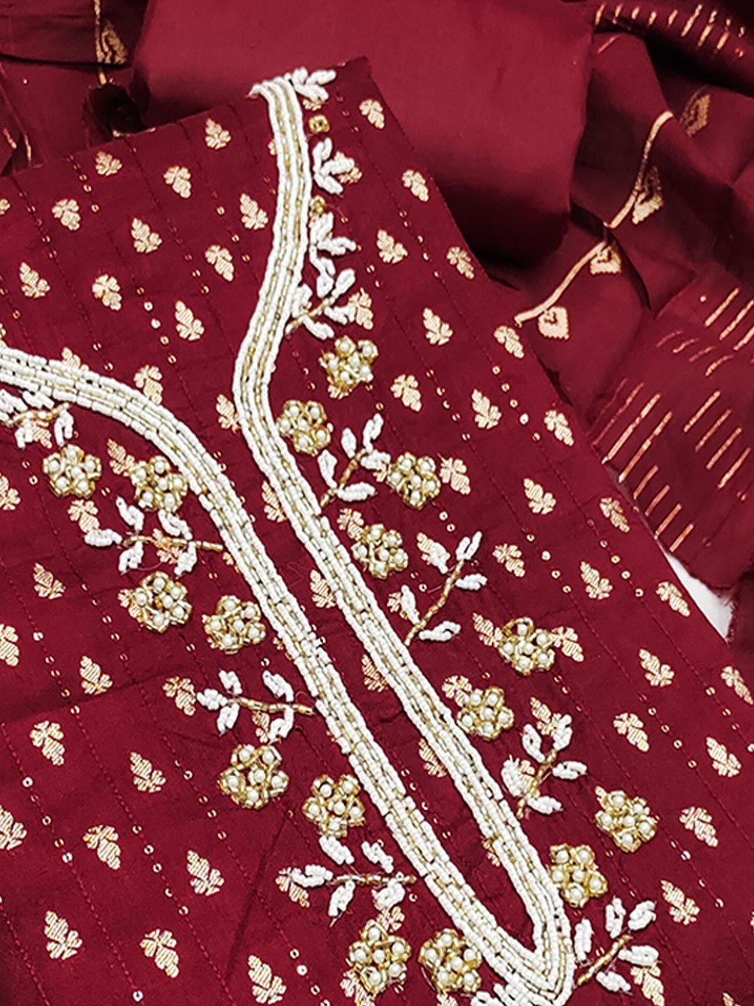 Elegant Maroon Sequins Embroidered Chanderi Jacquard Dress Material With Beads & Moti Handwork - Image 3