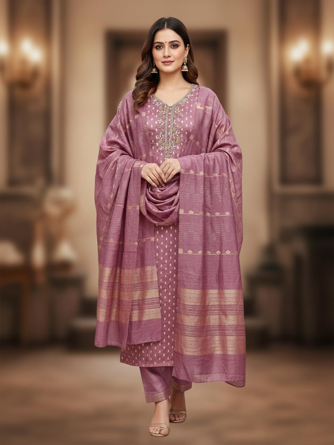 Elegant Pink Sequins Embroidered Chanderi Jacquard Dress Material With Beads & Moti Handwork - Image 1