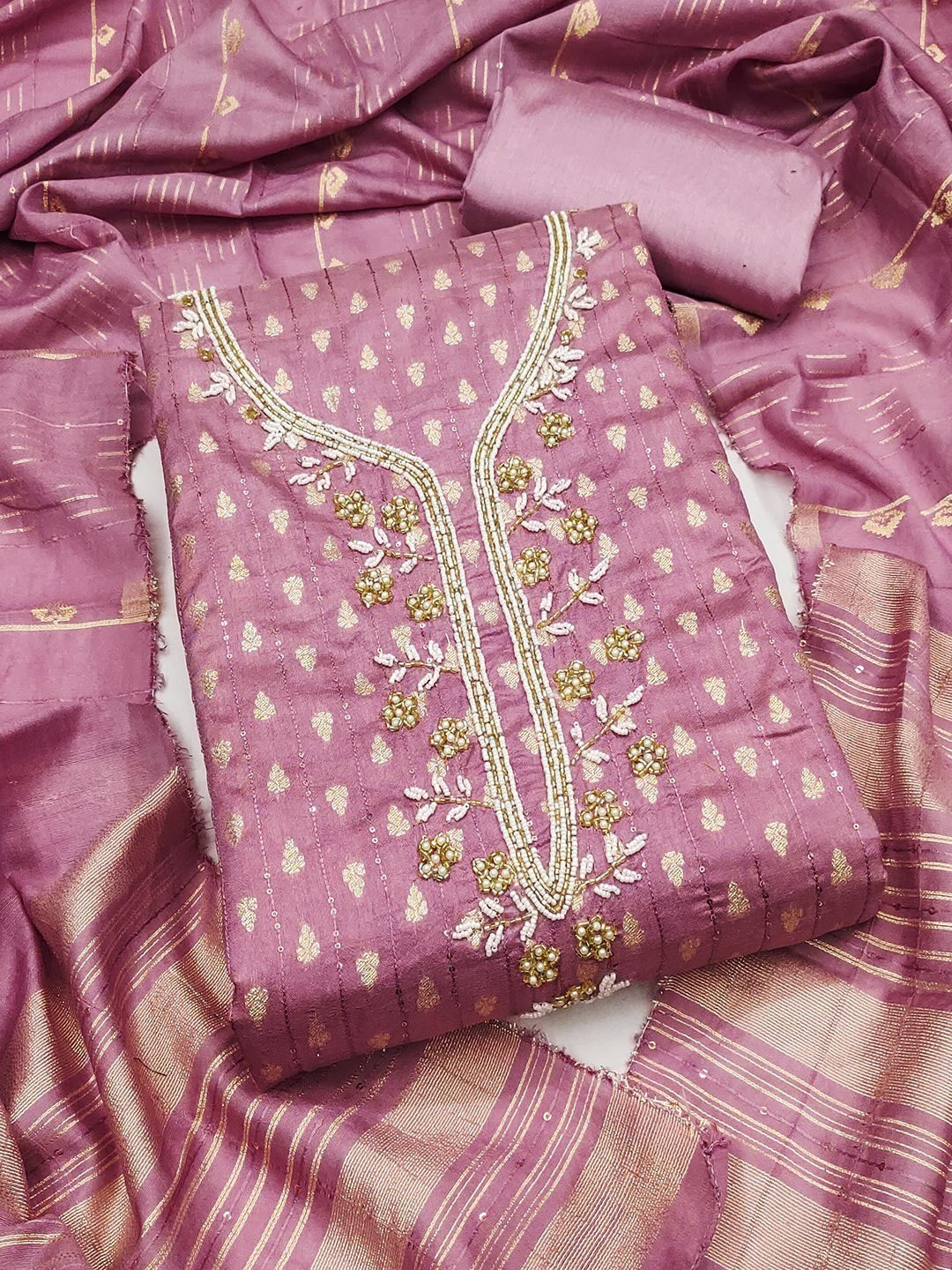 Elegant Pink Sequins Embroidered Chanderi Jacquard Dress Material With Beads & Moti Handwork - Image 3