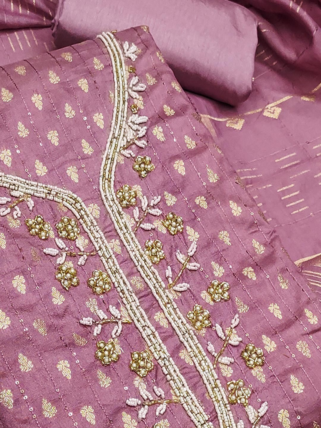 Elegant Pink Sequins Embroidered Chanderi Jacquard Dress Material With Beads & Moti Handwork - Image 6