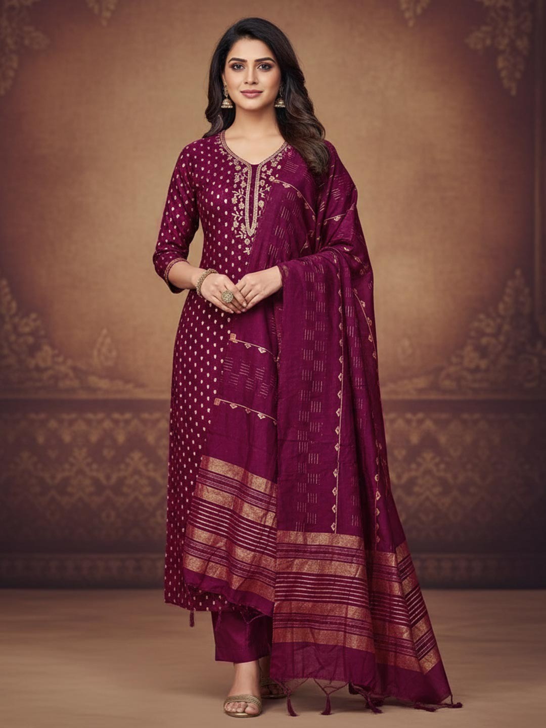 Elegant Wine Sequins Embroidered Chanderi Jacquard Dress Material With Beads & Moti Handwork - Image 1