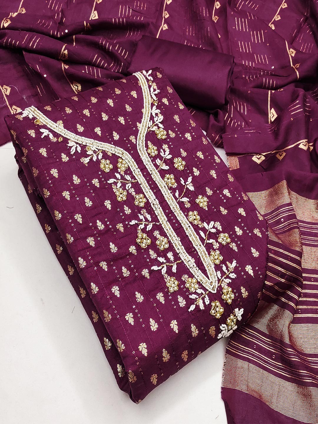 Elegant Wine Sequins Embroidered Chanderi Jacquard Dress Material With Beads & Moti Handwork - Image 2