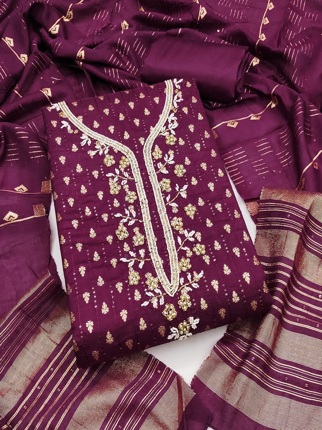 Elegant Wine Sequins Embroidered Chanderi Jacquard Dress Material With Beads & Moti Handwork - Image 6
