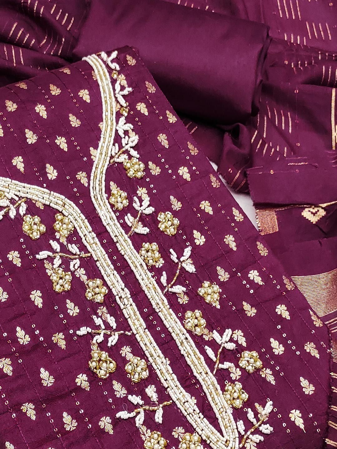 Elegant Wine Sequins Embroidered Chanderi Jacquard Dress Material With Beads & Moti Handwork - Image 3