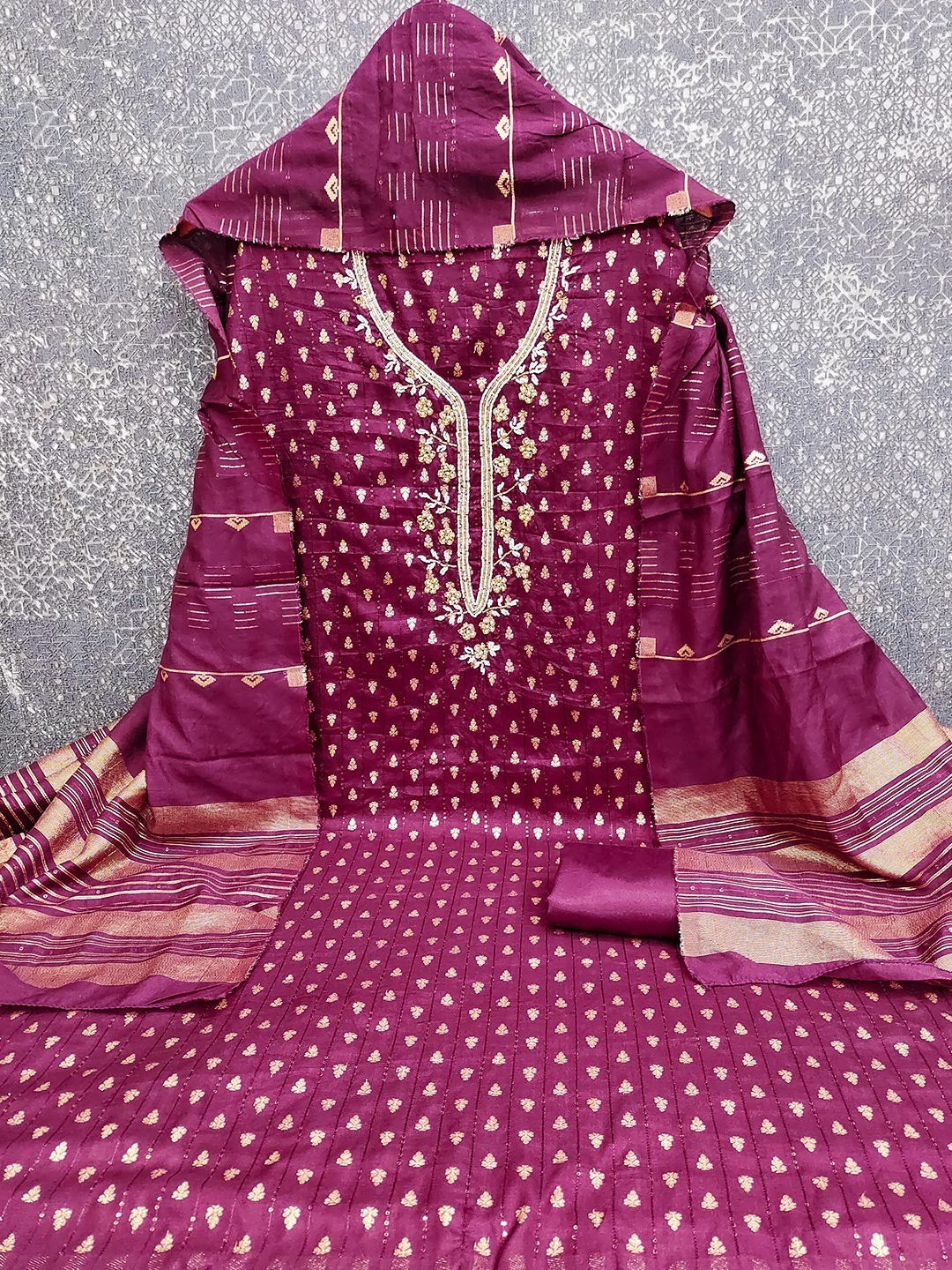 Elegant Wine Sequins Embroidered Chanderi Jacquard Dress Material With Beads & Moti Handwork - Image 3