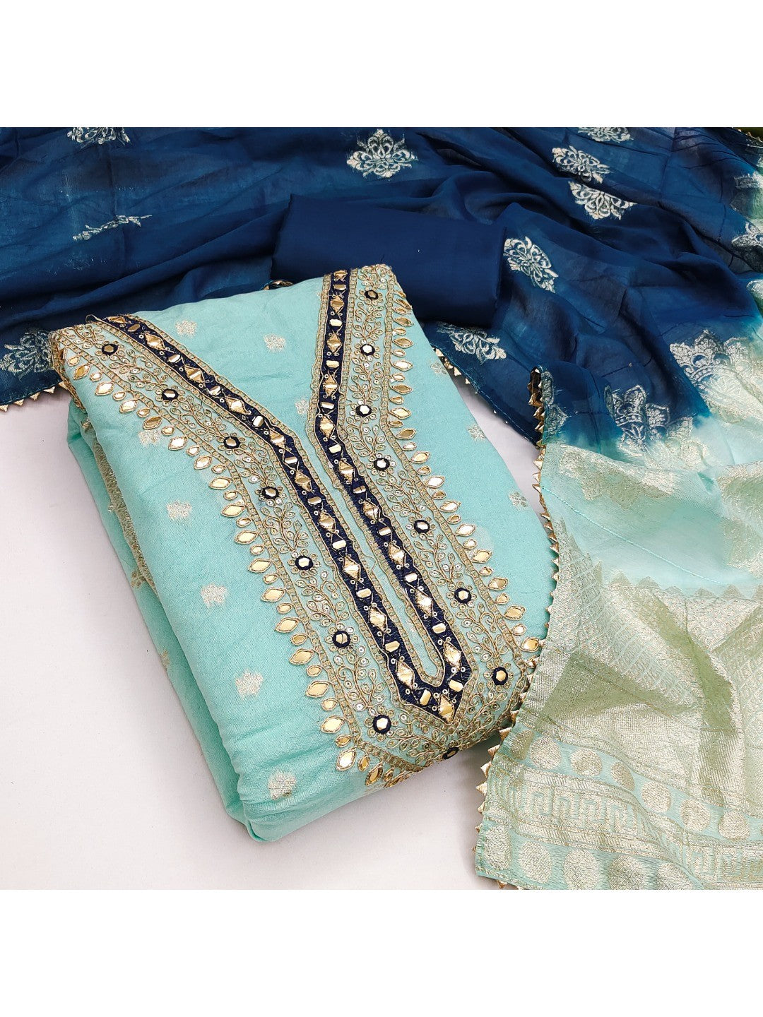 Sea Green Banarasi Silk Dress Material with Artistic Gota Work and Luxurious Texture - Image 3