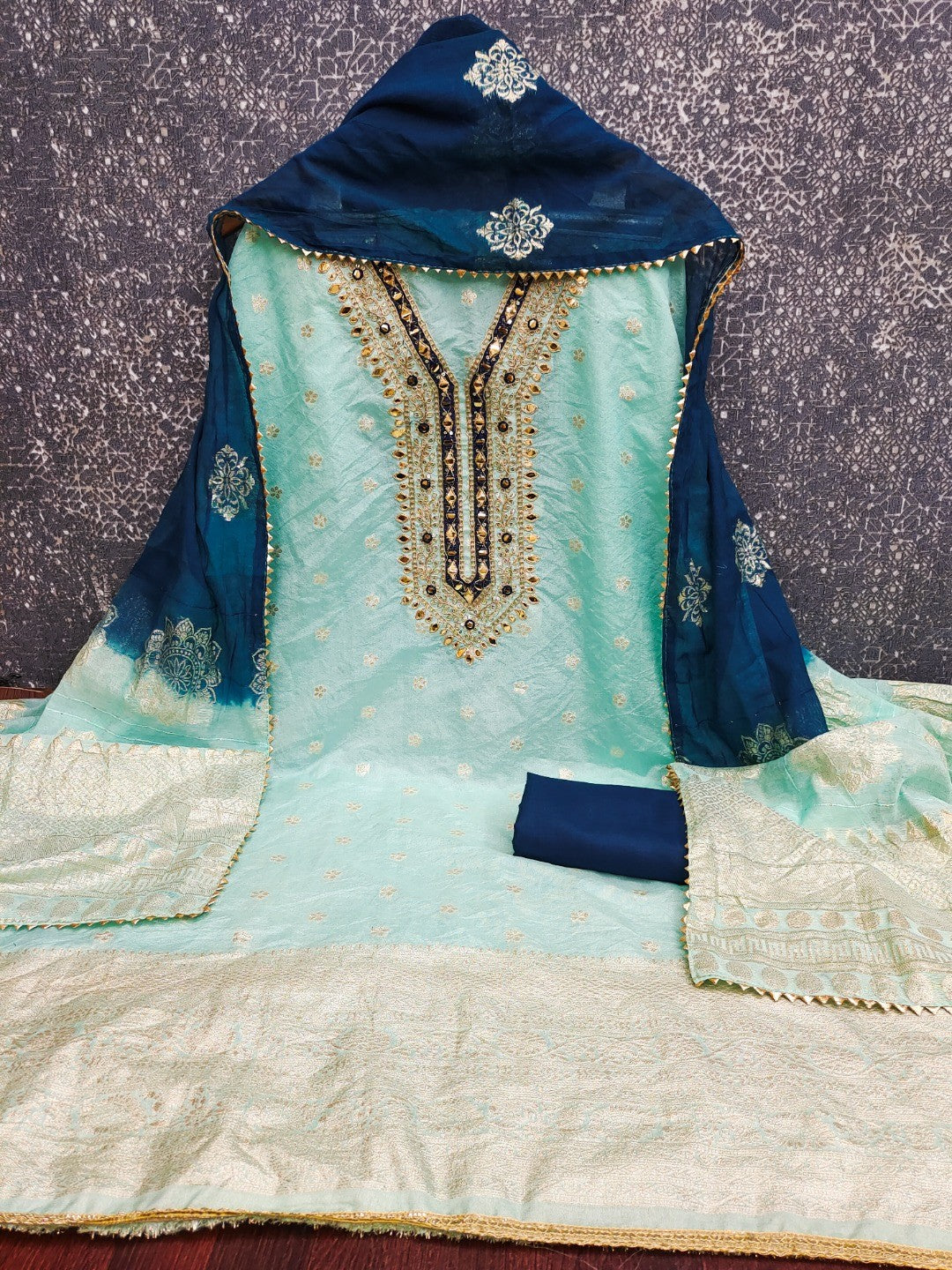 Sea Green Banarasi Silk Dress Material with Artistic Gota Work and Luxurious Texture - Image 3