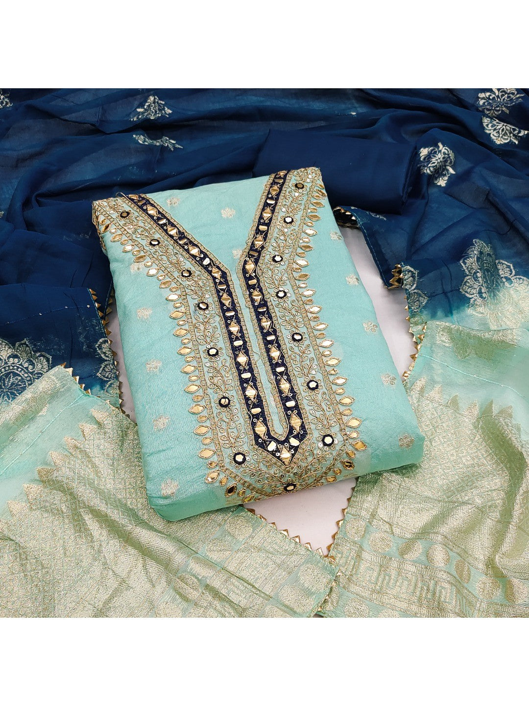 Sea Green Banarasi Silk Dress Material with Artistic Gota Work and Luxurious Texture - Image 1
