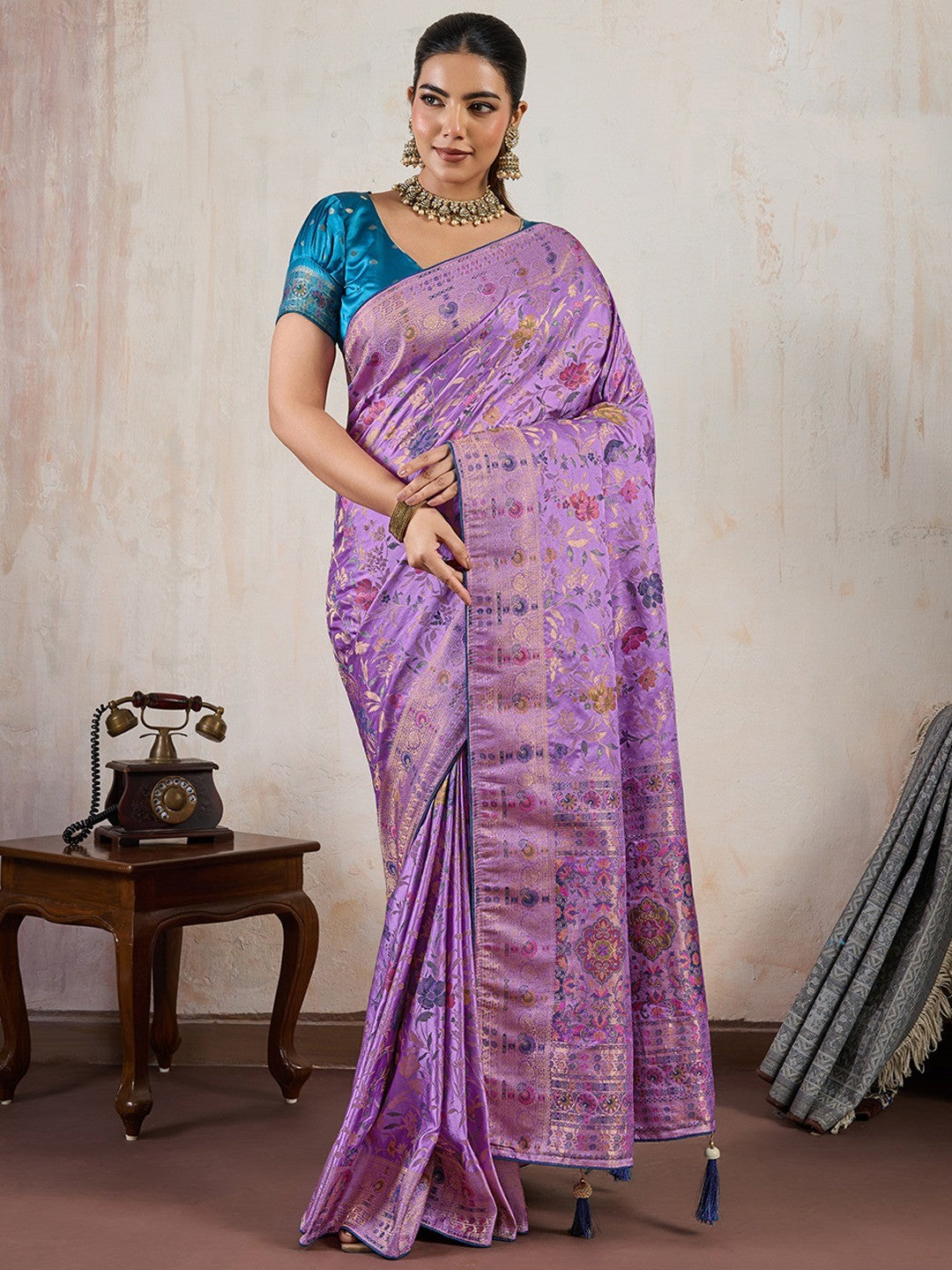 Graceful Lavender Floral Meenakari Weaving Satin Pashmeena Saree Delicate Finish Piping & Tassels - Image 1