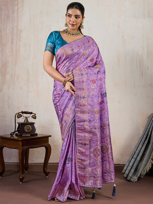 Graceful Lavender Floral Meenakari Weaving Satin Pashmeena Saree Delicate Finish Piping & Tassels - Image 1