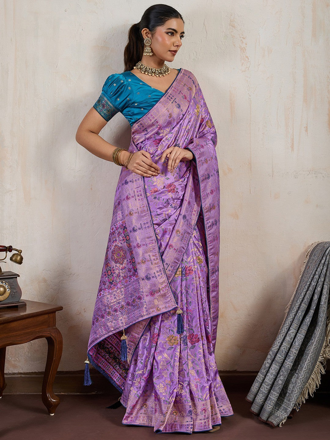 Graceful Lavender Floral Meenakari Weaving Satin Pashmeena Saree Delicate Finish Piping & Tassels - Image 4