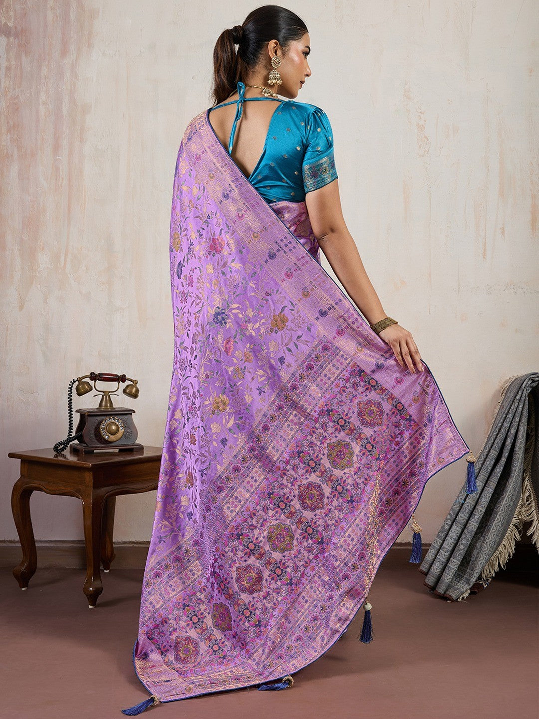 Graceful Lavender Floral Meenakari Weaving Satin Pashmeena Saree Delicate Finish Piping & Tassels - Image 3