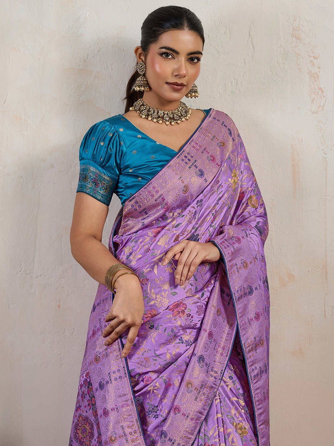 Graceful Lavender Floral Meenakari Weaving Satin Pashmeena Saree Delicate Finish Piping & Tassels - Image 2
