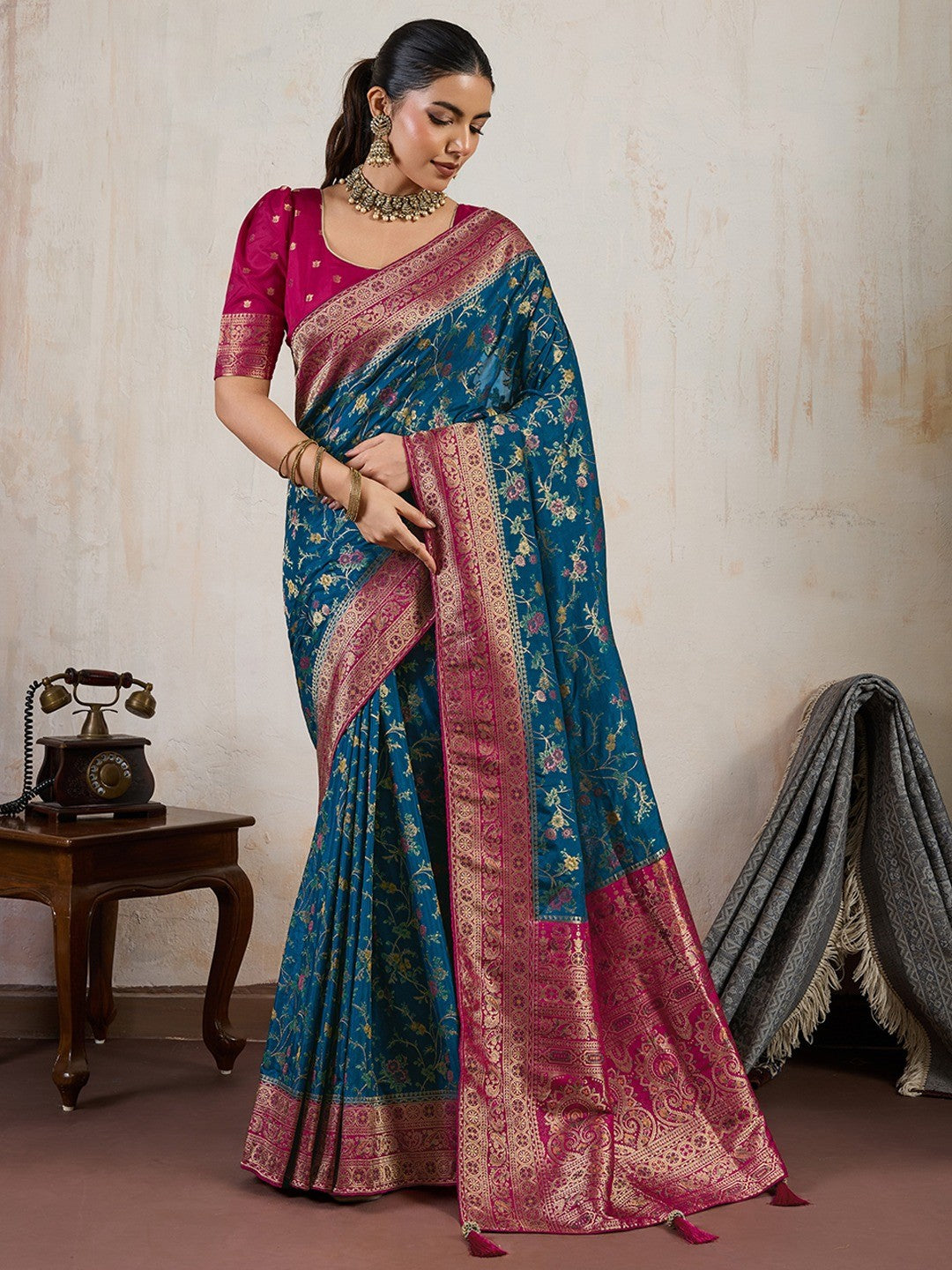 Graceful Blue Floral Meenakari Weaving Satin Pashmeena Saree Delicate Finish Piping & Tassels - Image 1
