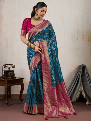 Graceful Blue Floral Meenakari Weaving Satin Pashmeena Saree Delicate Finish Piping & Tassels - Image 1
