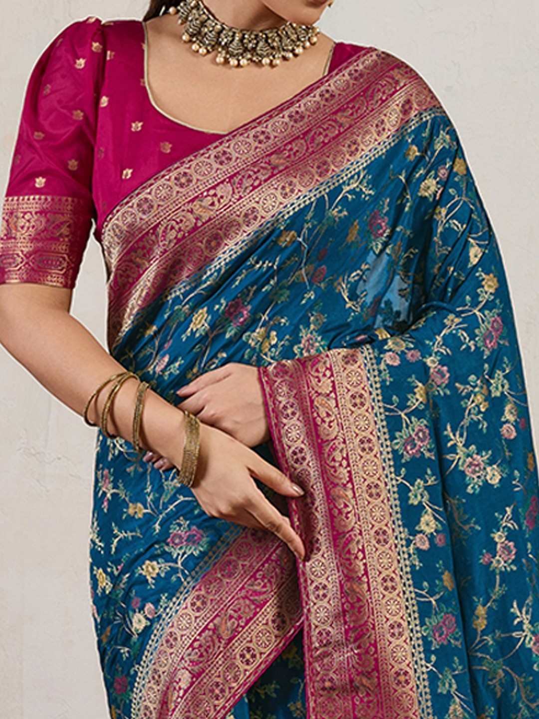 Graceful Blue Floral Meenakari Weaving Satin Pashmeena Saree Delicate Finish Piping & Tassels - Image 4