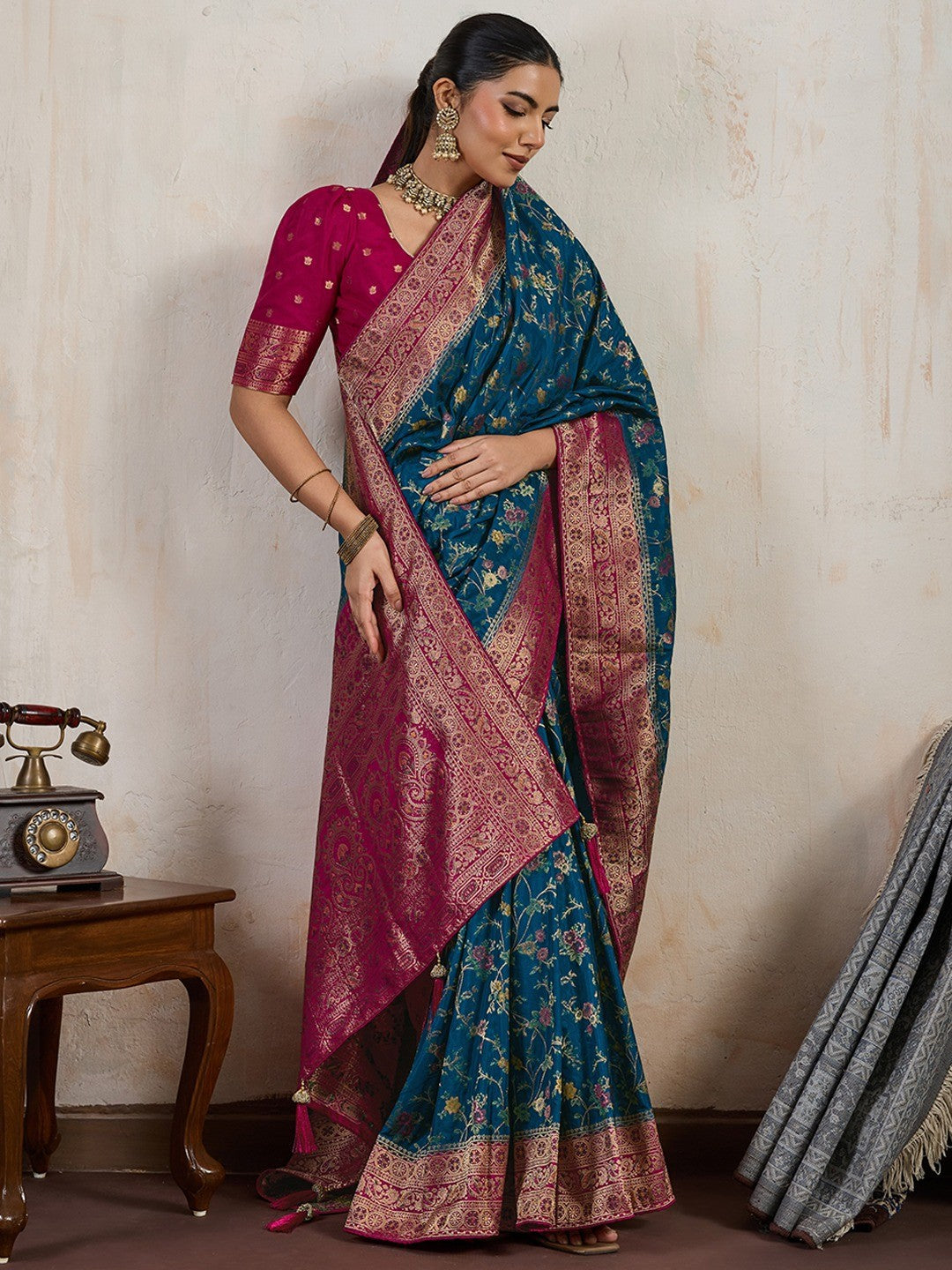 Graceful Blue Floral Meenakari Weaving Satin Pashmeena Saree Delicate Finish Piping & Tassels - Image 6