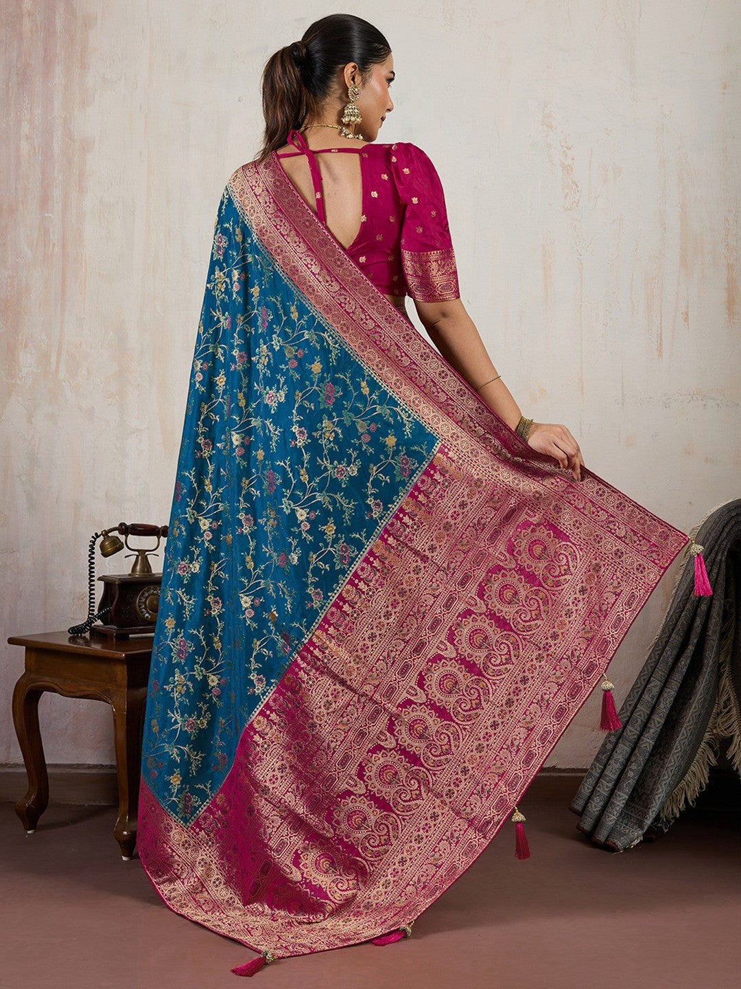 Graceful Blue Floral Meenakari Weaving Satin Pashmeena Saree Delicate Finish Piping & Tassels - Image 6