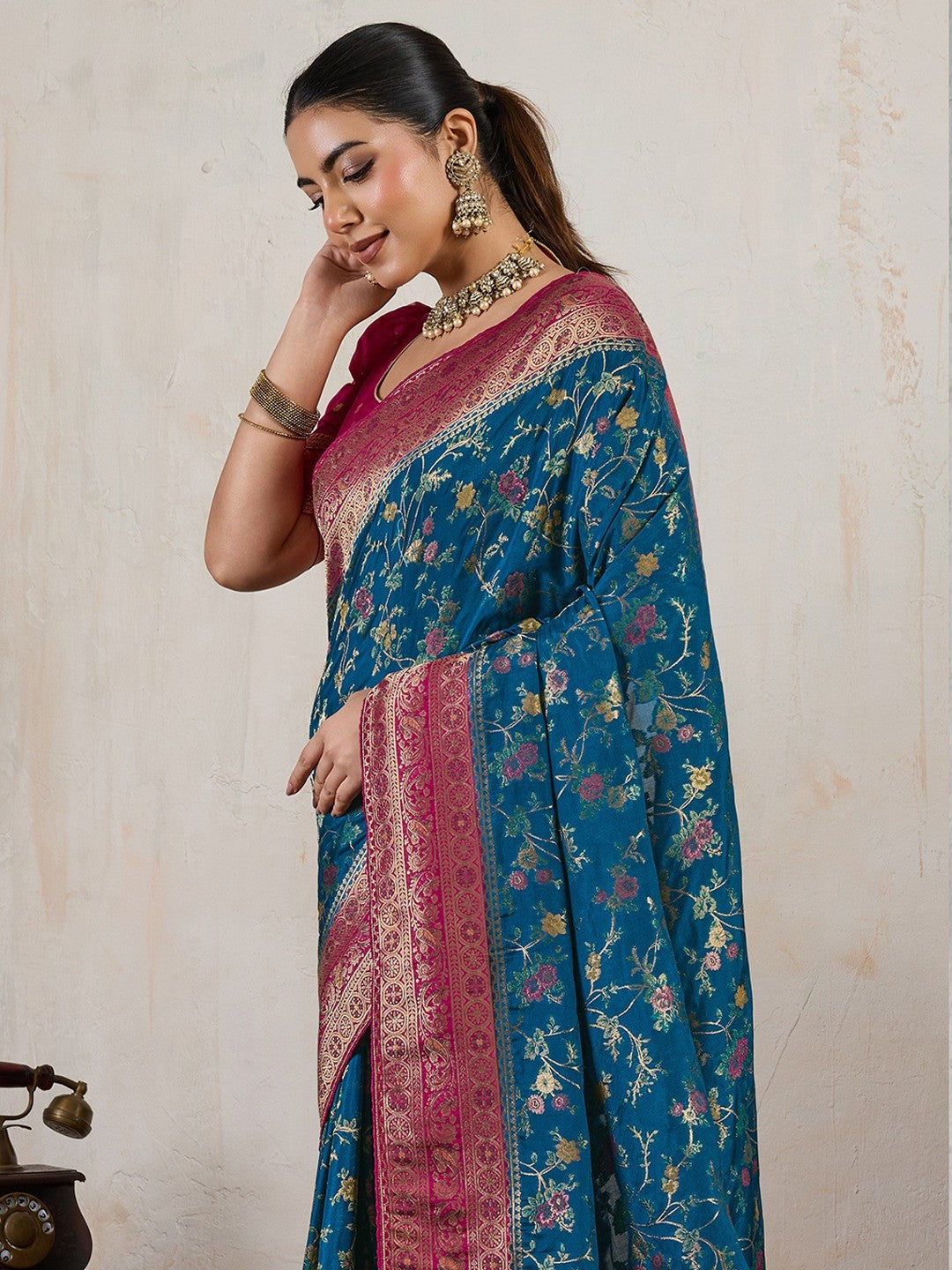 Graceful Blue Floral Meenakari Weaving Satin Pashmeena Saree Delicate Finish Piping & Tassels - Image 3