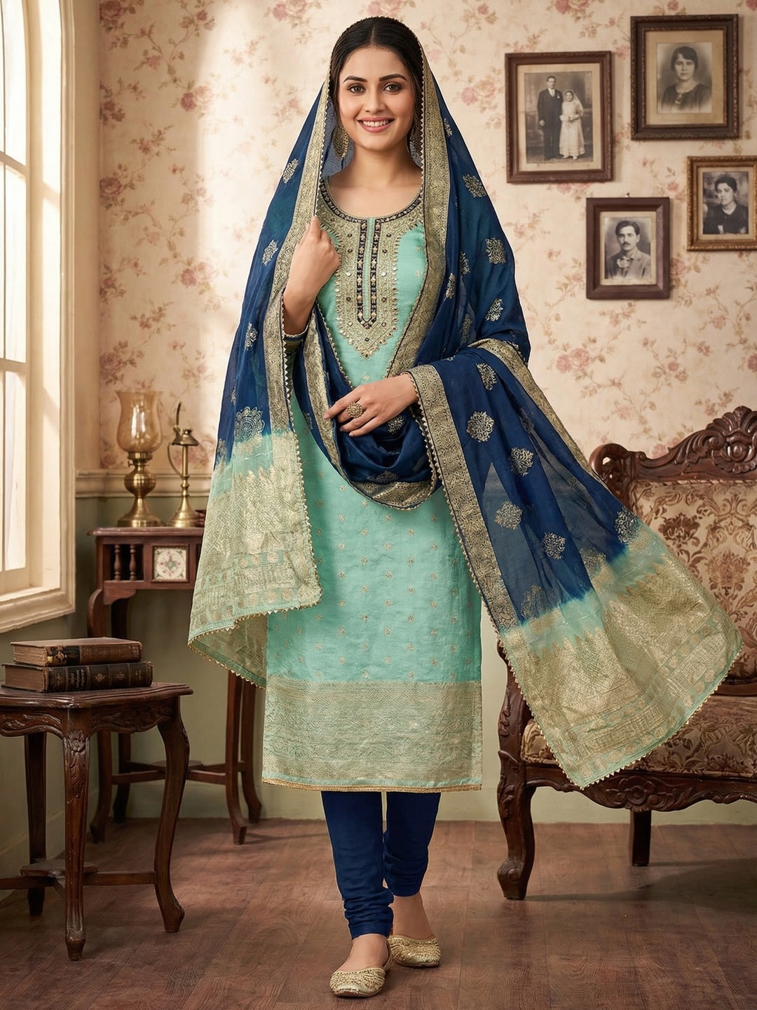 Sea Green Banarasi Silk Dress Material with Artistic Gota Work and Luxurious Texture - Image 2
