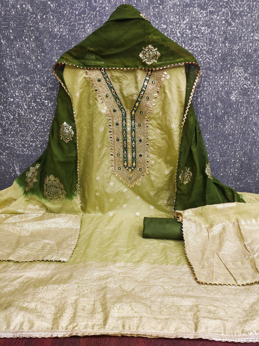 Green Banarasi Silk Dress Material with Artistic Gota Work and Luxurious Texture - Image 2