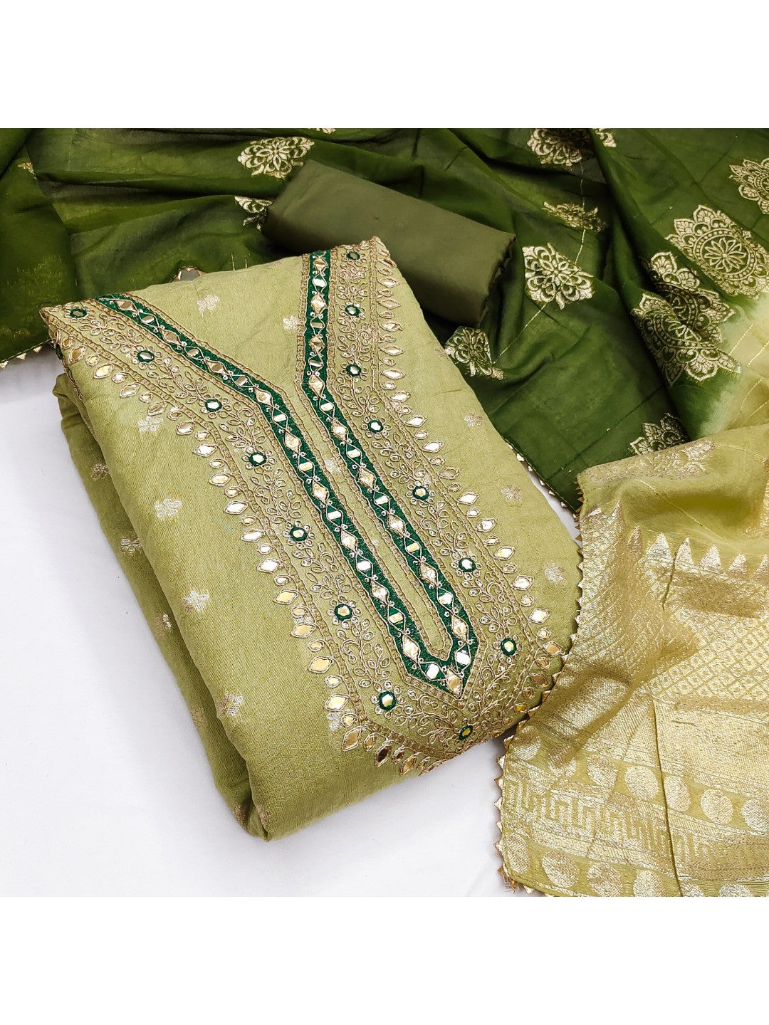 Green Banarasi Silk Dress Material with Artistic Gota Work and Luxurious Texture - Image 4