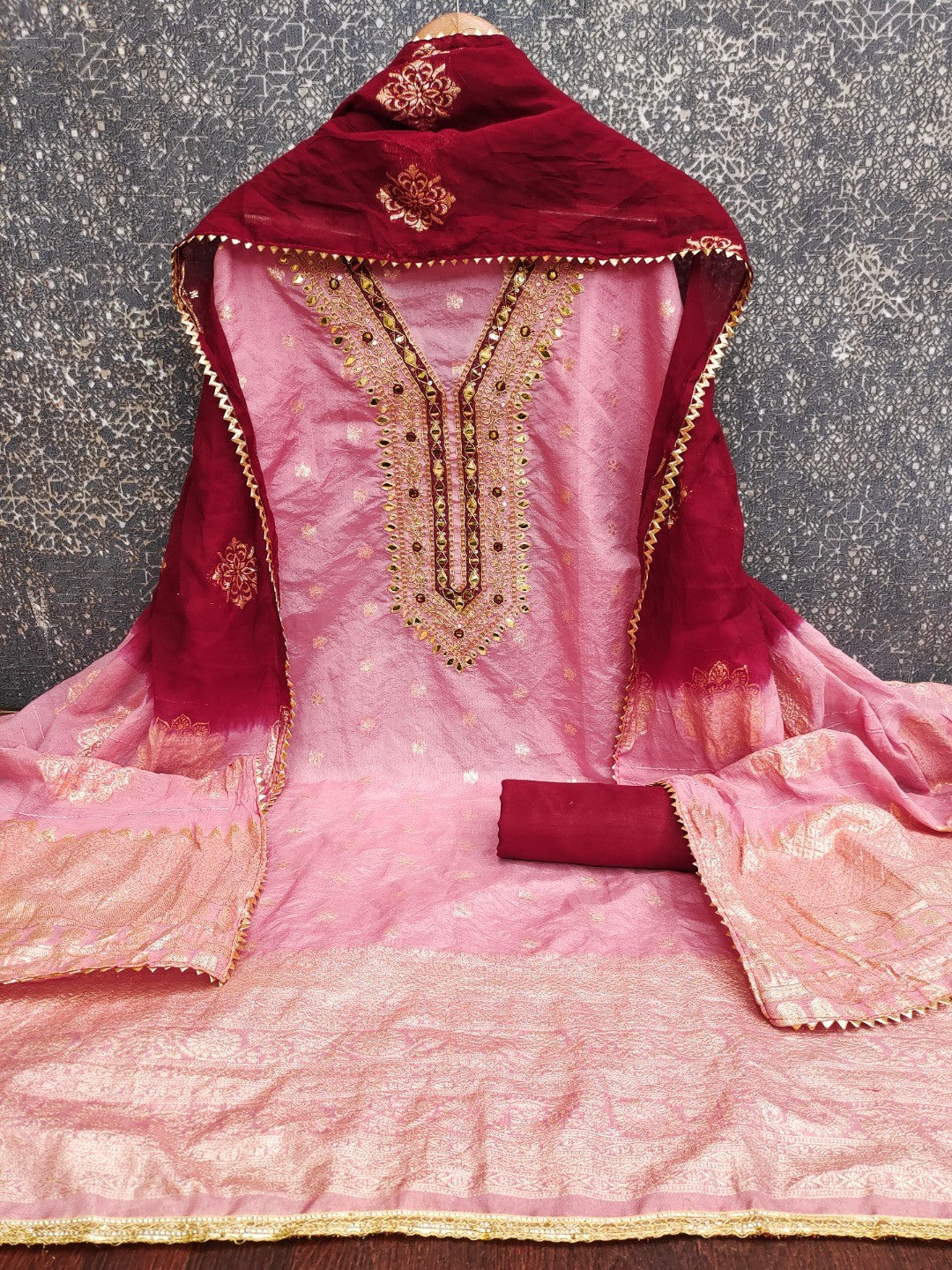 Pink Banarasi Silk Dress Material with Artistic Gota Work and Luxurious Texture - Image 3