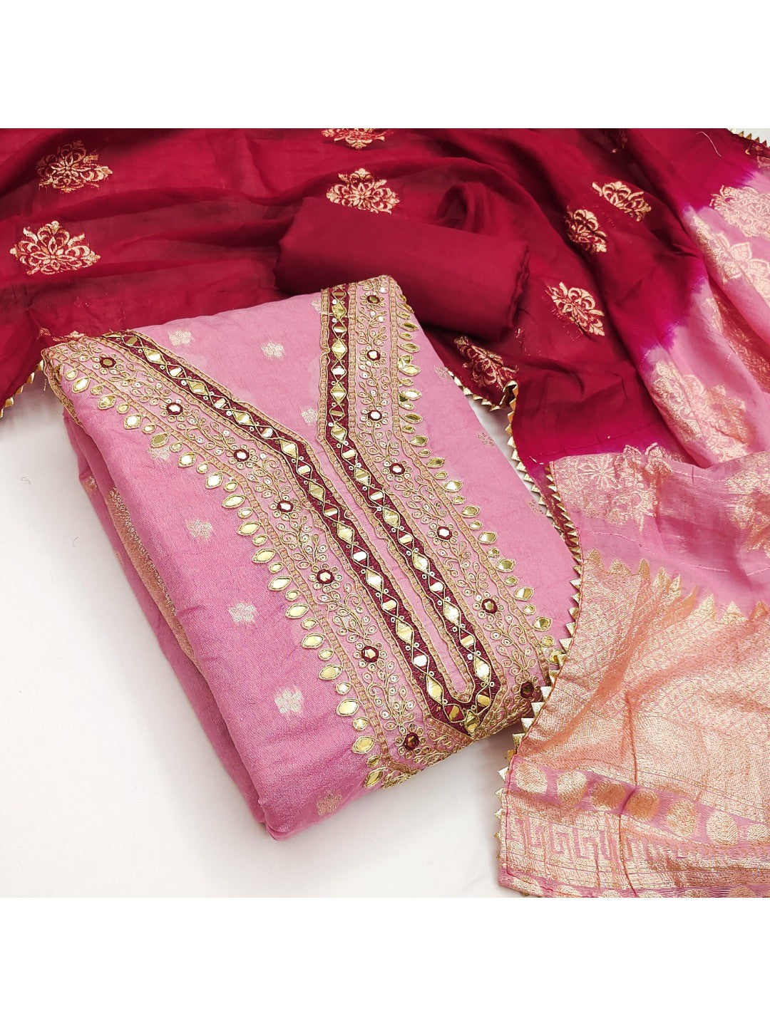 Pink Banarasi Silk Dress Material with Artistic Gota Work and Luxurious Texture - Image 4