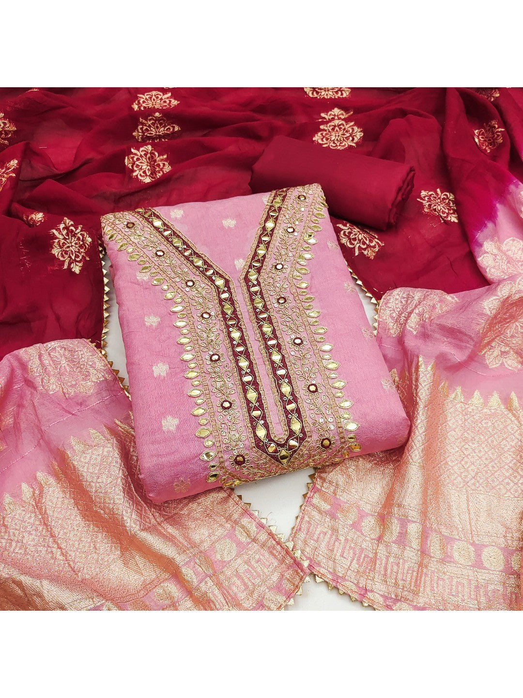 Pink Banarasi Silk Dress Material with Artistic Gota Work and Luxurious Texture - Image 1