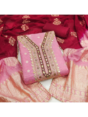 Pink Banarasi Silk Dress Material with Artistic Gota Work and Luxurious Texture - Image 1