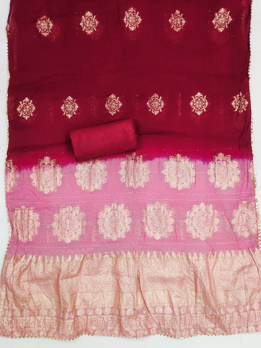 Pink Banarasi Silk Dress Material with Artistic Gota Work and Luxurious Texture - Image 4