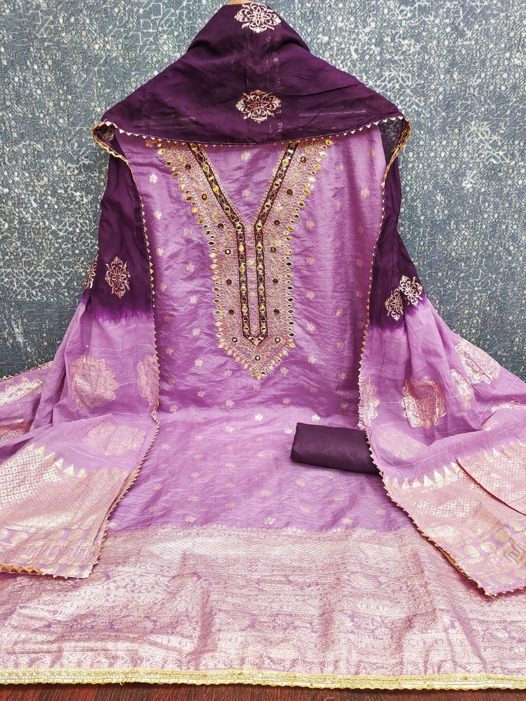 Purple Banarasi Silk Dress Material with Artistic Gota Work and Luxurious Texture - Image 5