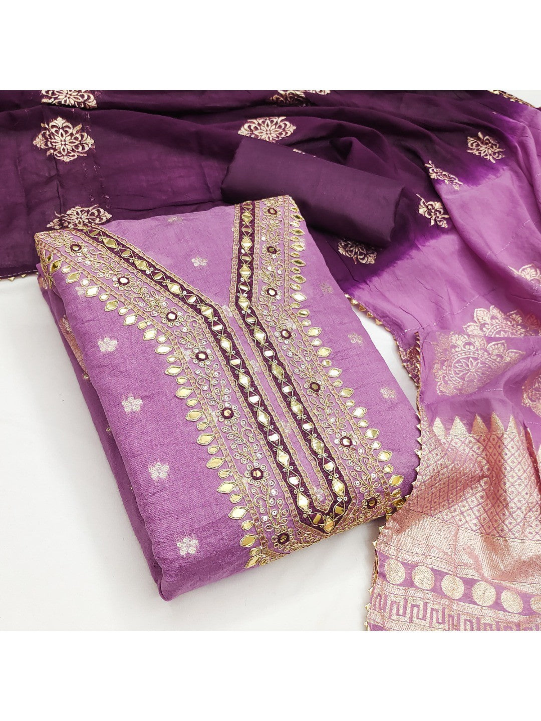 Purple Banarasi Silk Dress Material with Artistic Gota Work and Luxurious Texture - Image 4