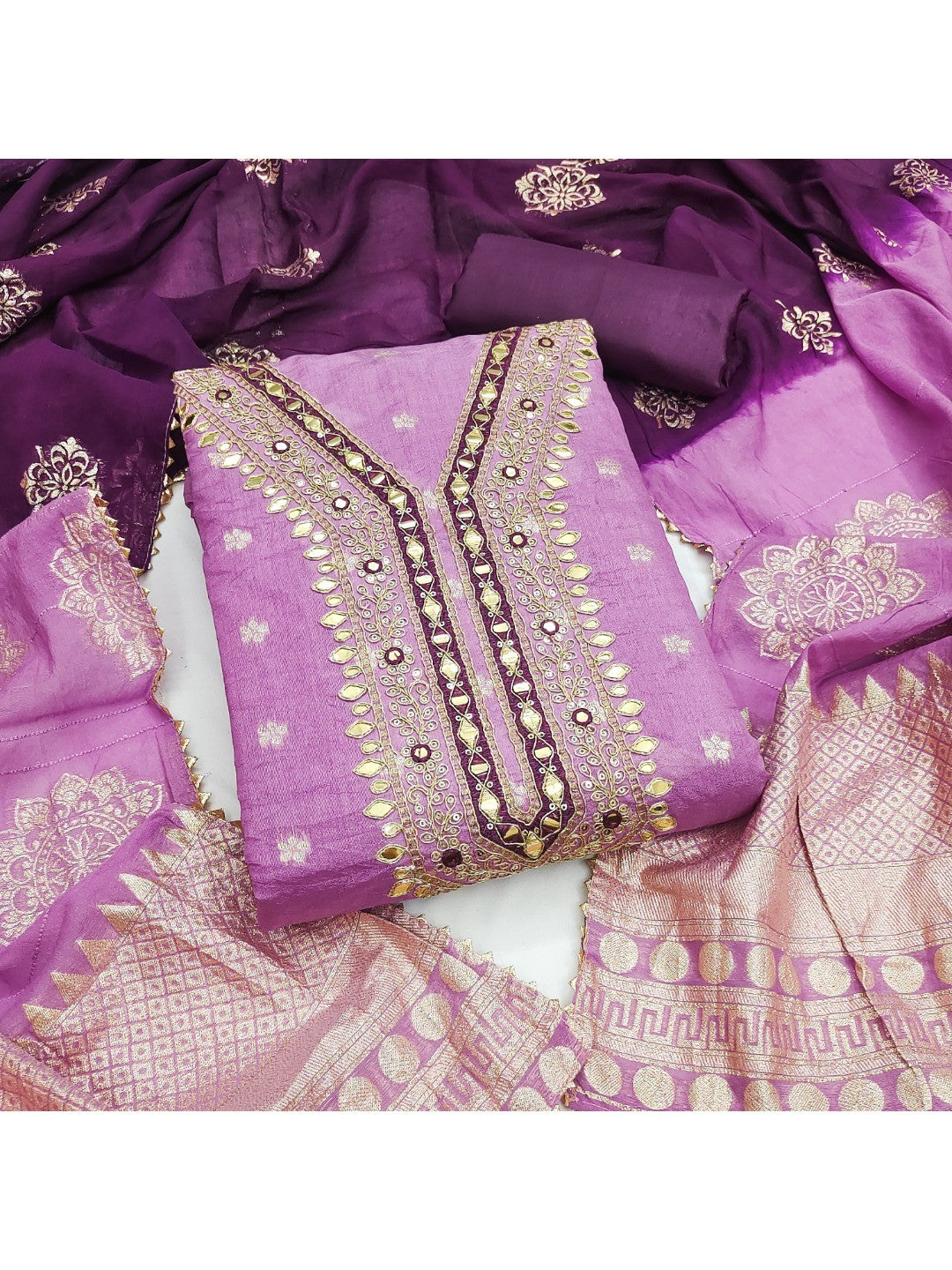 Purple Banarasi Silk Dress Material with Artistic Gota Work and Luxurious Texture - Image 1