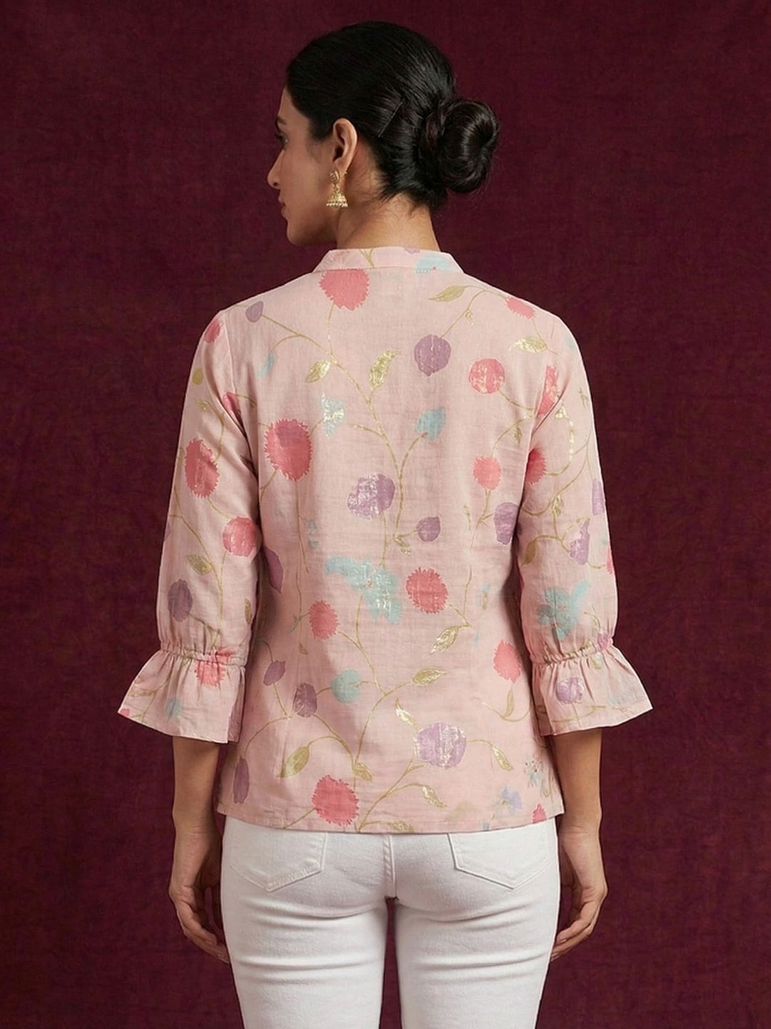 Casual Wear Baby Pink Muslin Shirt with Floral Pattern - Image 2