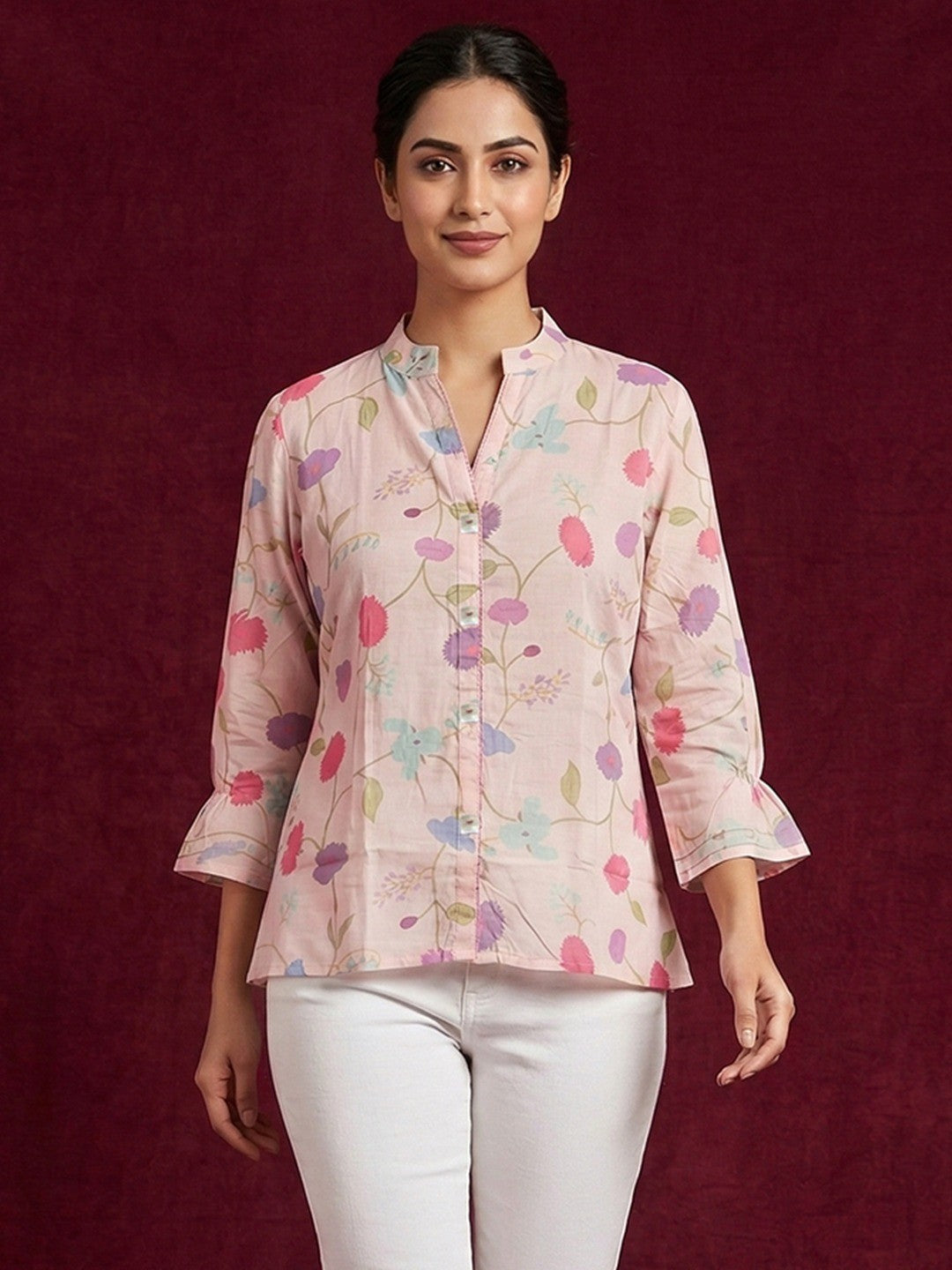 Casual Wear Baby Pink Muslin Shirt with Floral Pattern - Image 1