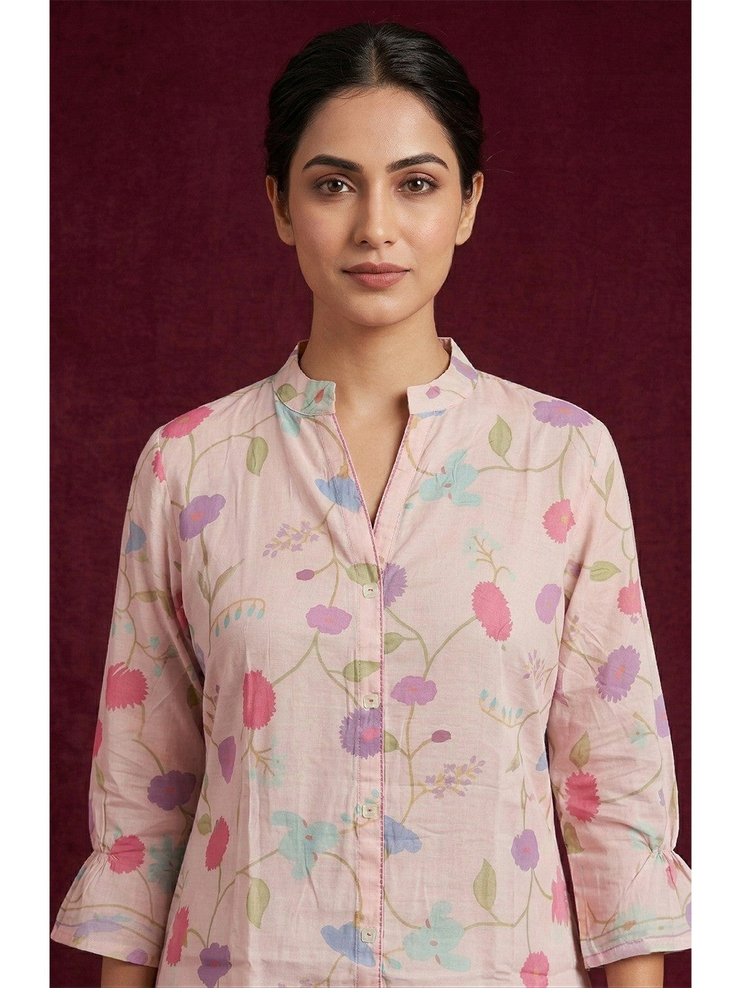 Casual Wear Baby Pink Muslin Shirt with Floral Pattern - Image 4