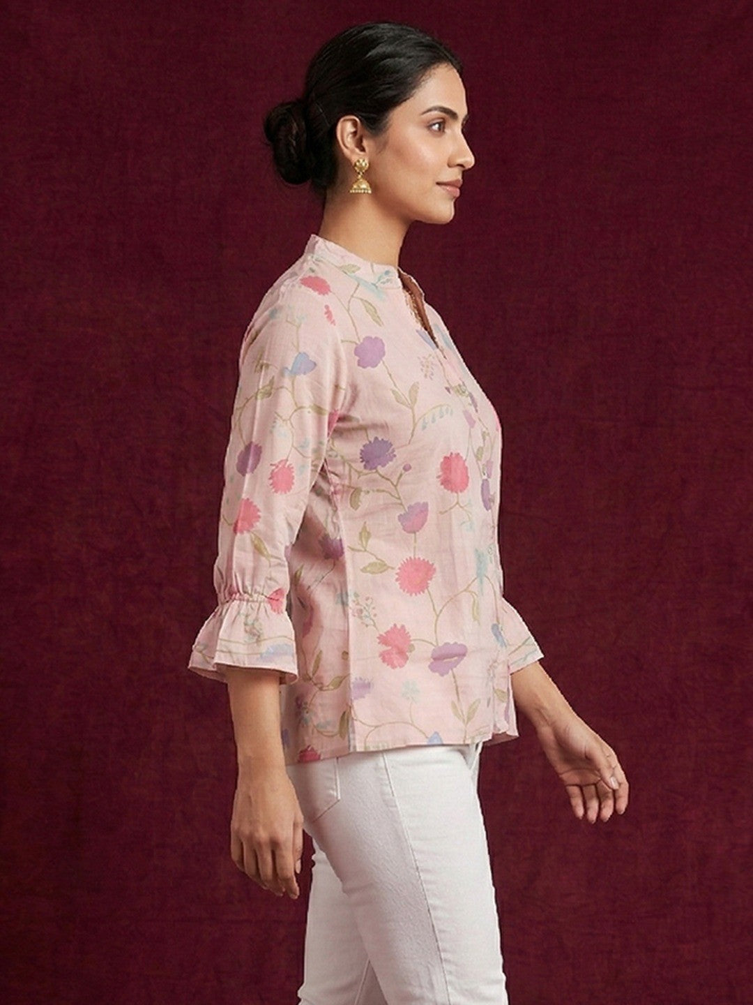Casual Wear Baby Pink Muslin Shirt with Floral Pattern - Image 3