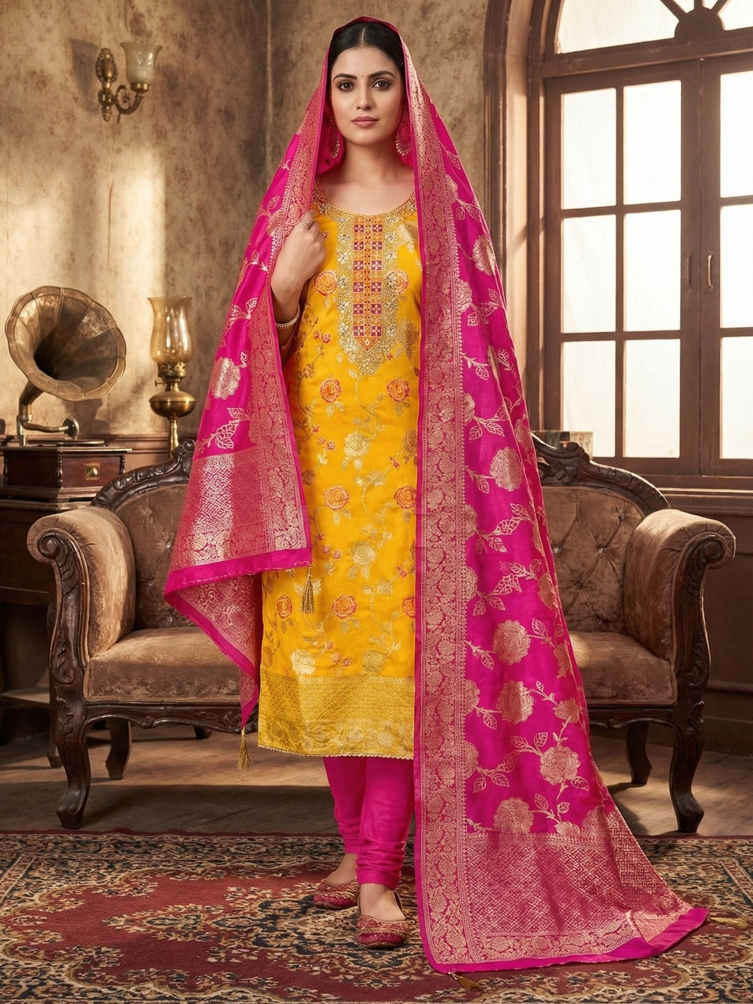 Yellow Jacquard Suit Fabric with Ornate Pink Banarasi Dupatta for Festive Occasions. - Image 1