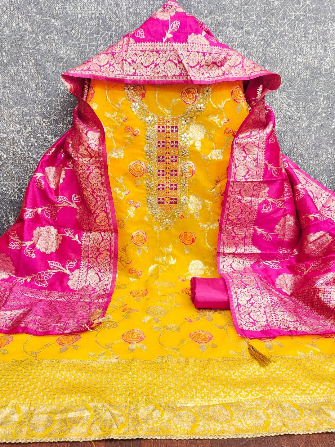 Yellow Jacquard Suit Fabric with Ornate Pink Banarasi Dupatta for Festive Occasions. - Image 4