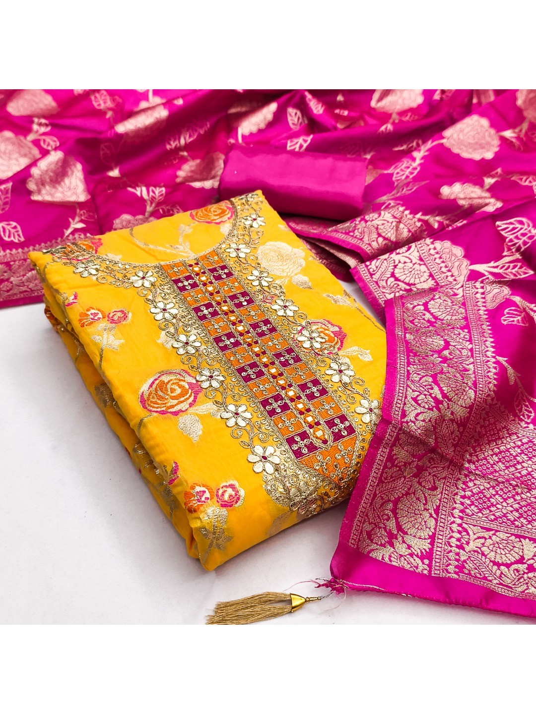 Yellow Jacquard Suit Fabric with Ornate Pink Banarasi Dupatta for Festive Occasions. - Image 3