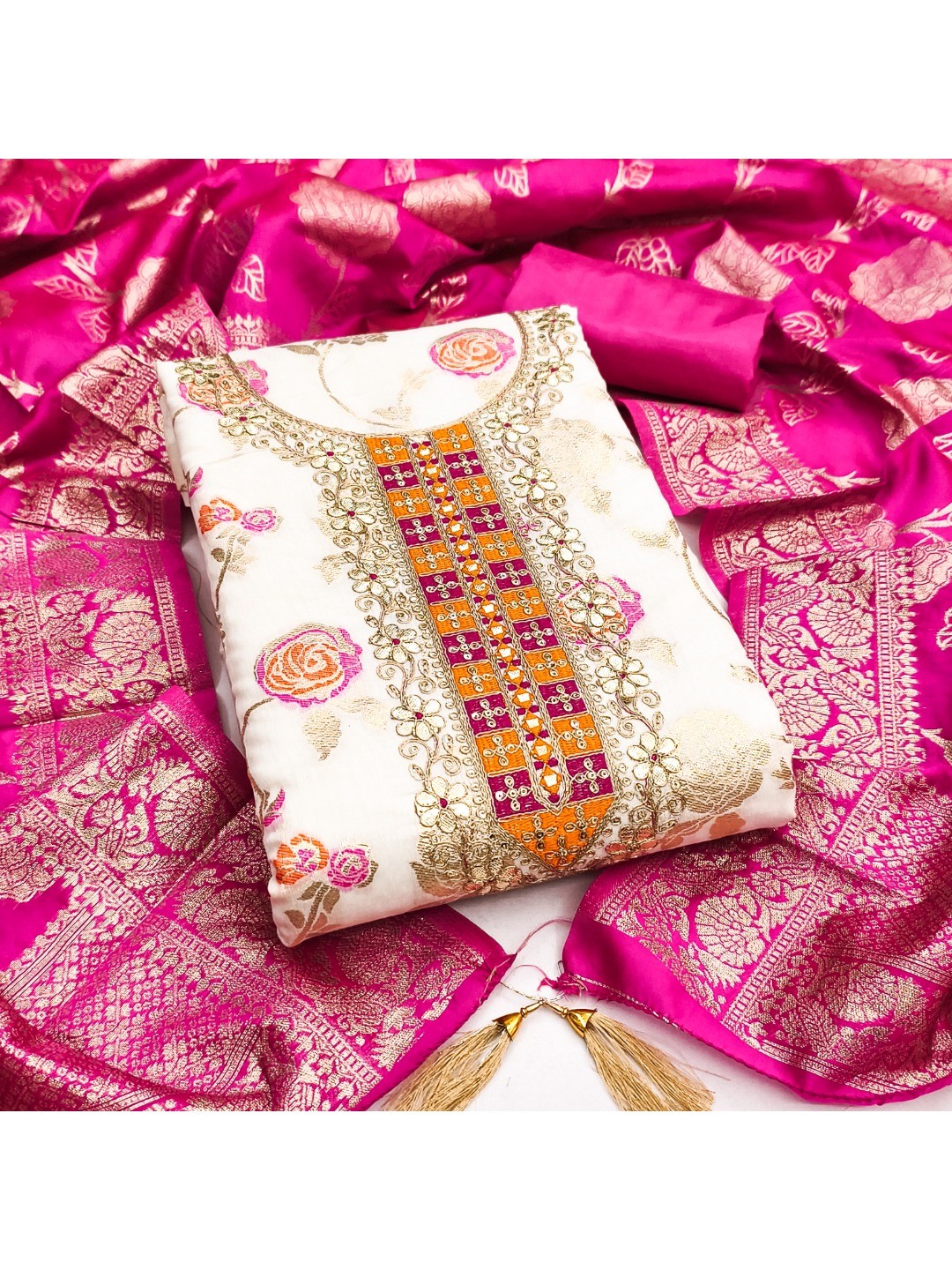 Cream Jacquard Suit Fabric with Ornate Pink Banarasi Dupatta for Festive Occasions. - Image 1